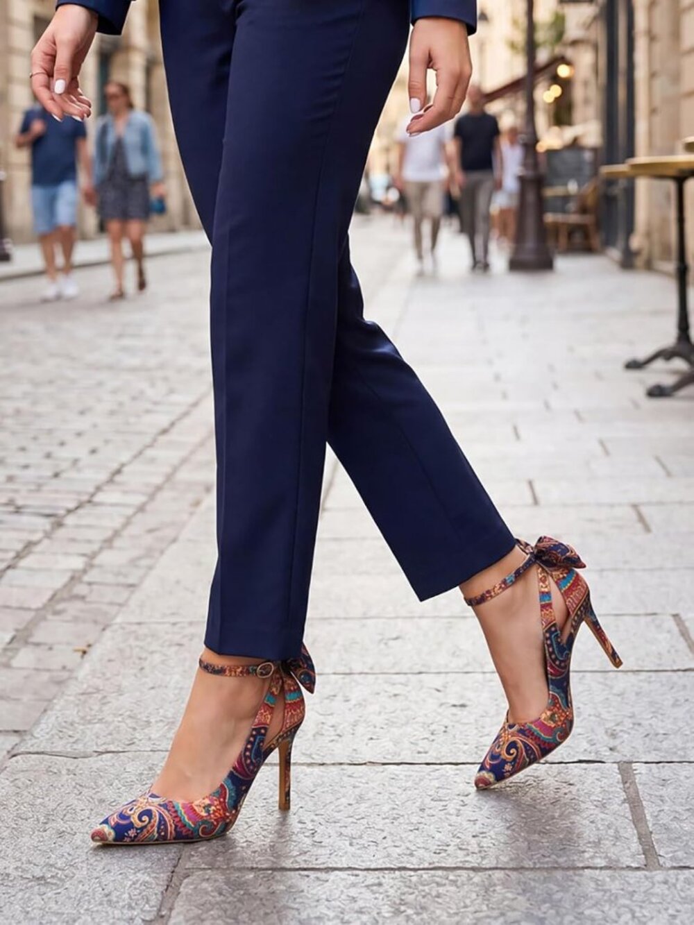 Women's Multicolor Pointed Toe High Heels Ankle Strap Sexy Bowtie Back Sandals - Picture 3 of 6